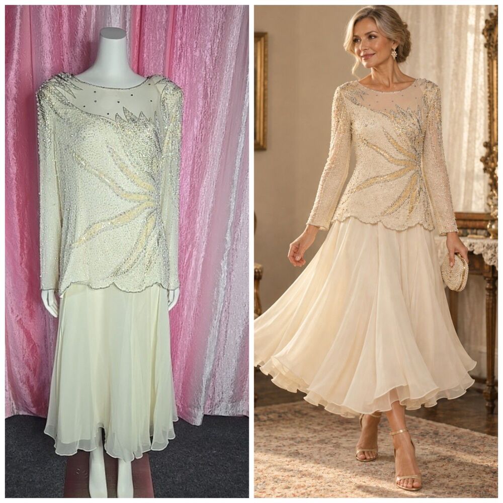 Alfred Angelo Exquisite 100% Silk Cream Beaded Rhinestone Top & Skirt Size 12